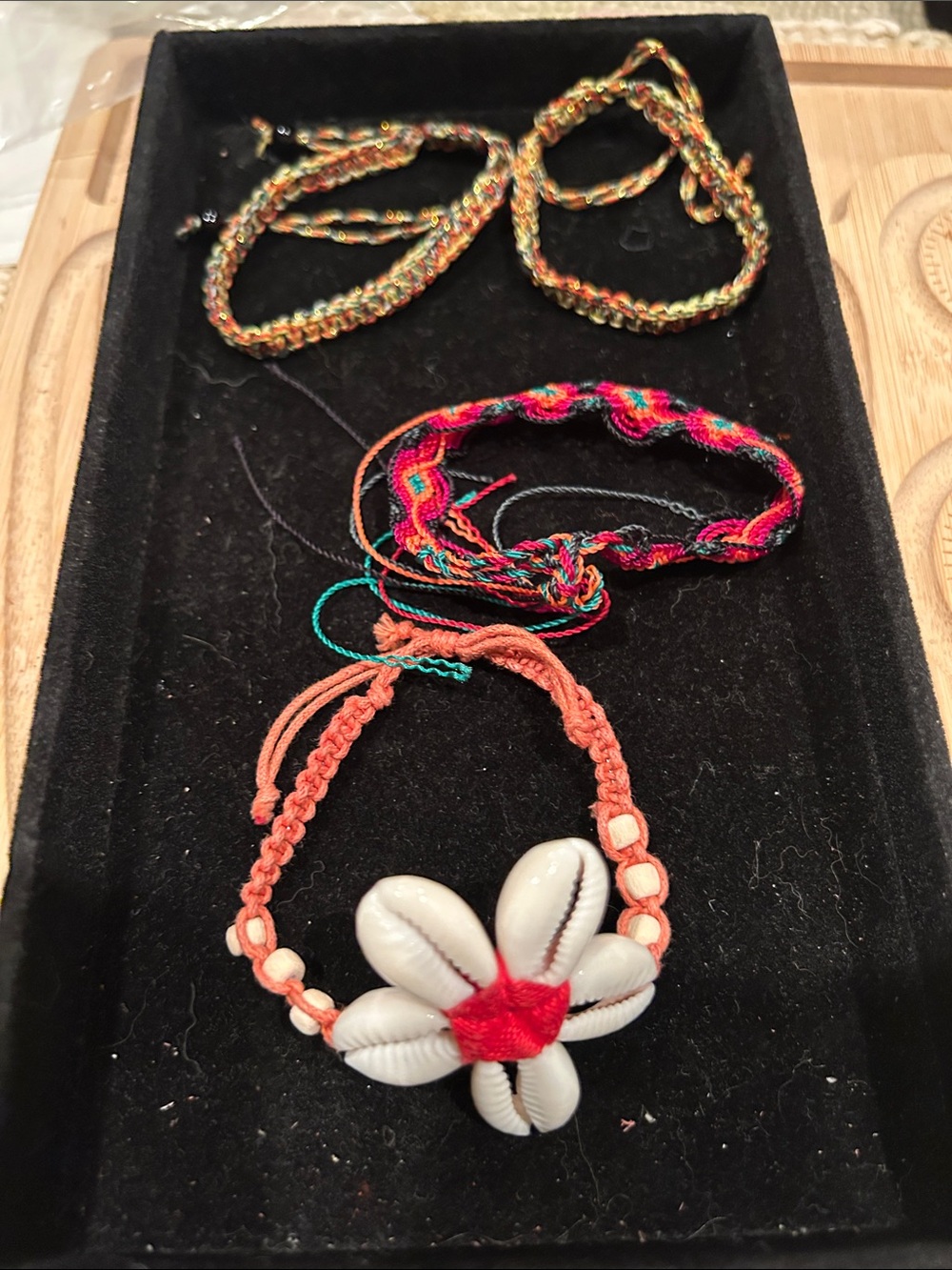 Handmade Shell Flower, 3 other woven Bracelet - Coral with White Shells (4pcs)
